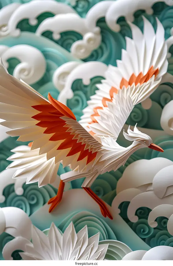 Paper Cutout Crane on Waves