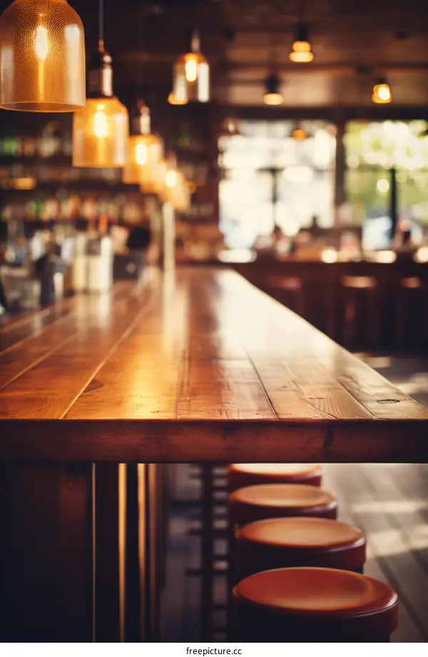 Empty Wooden Bar Counter with Blurred Background