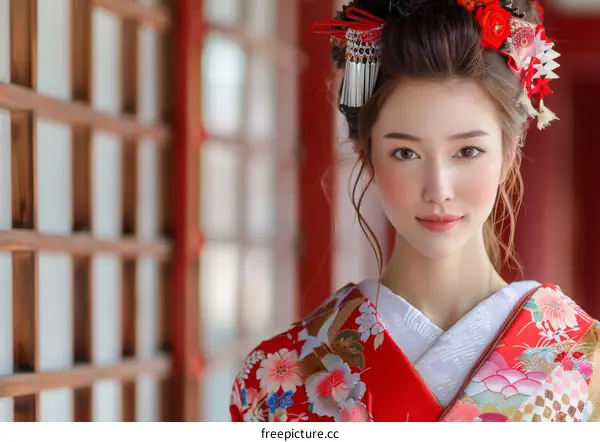 Portrait of a beautiful Japanese woman in traditional kimono