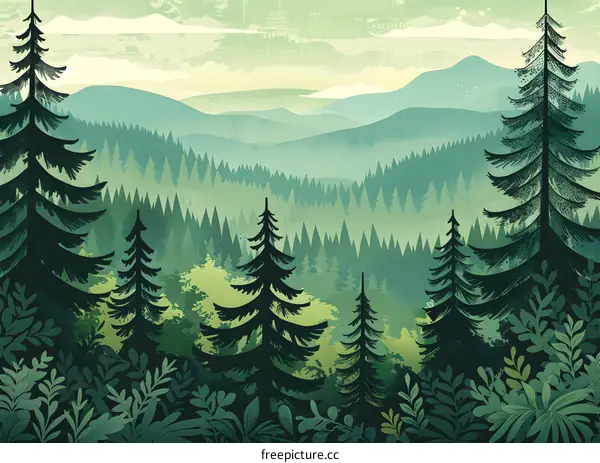 Green Forest Mountain Landscape Illustration