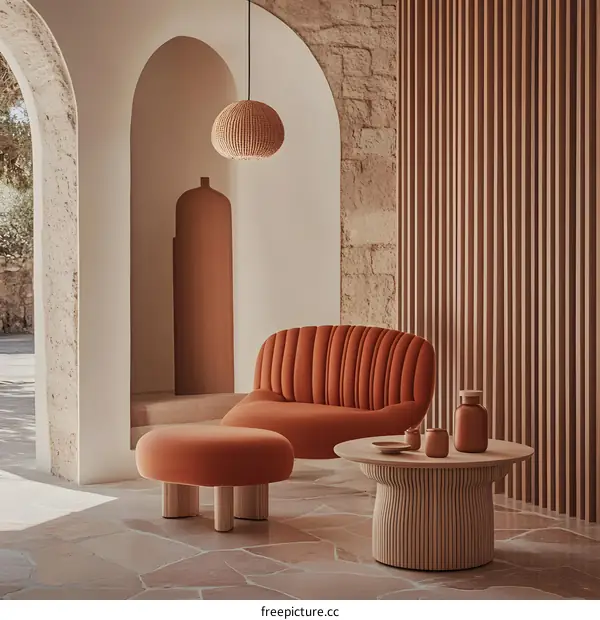 Modern Living Room Interior Design With Orange Sofa and Wooden Table