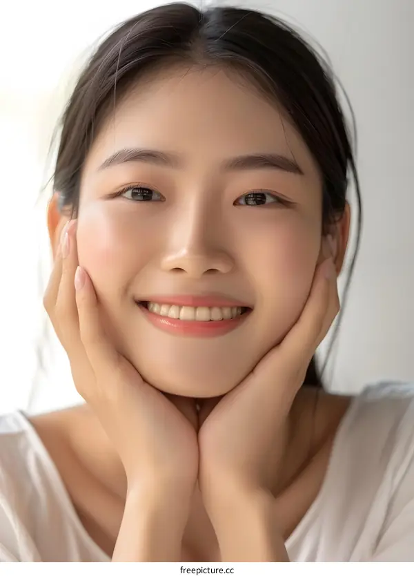 Portrait of a Smiling Asian Woman with Hands on her Face