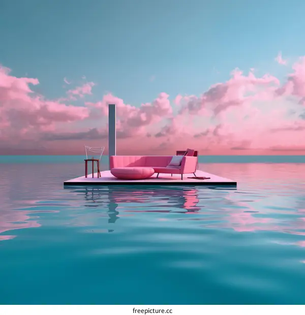 Pink furniture floating on water with sunset sky
