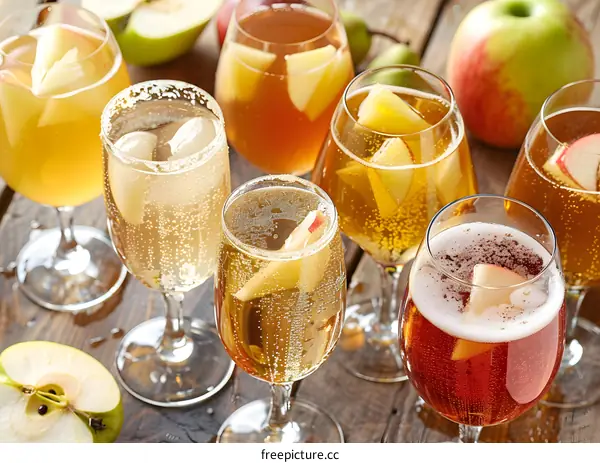 Apple Cider Cocktails with Sliced Apples in Glasses