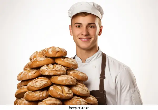 Young male baker with a pile of bread