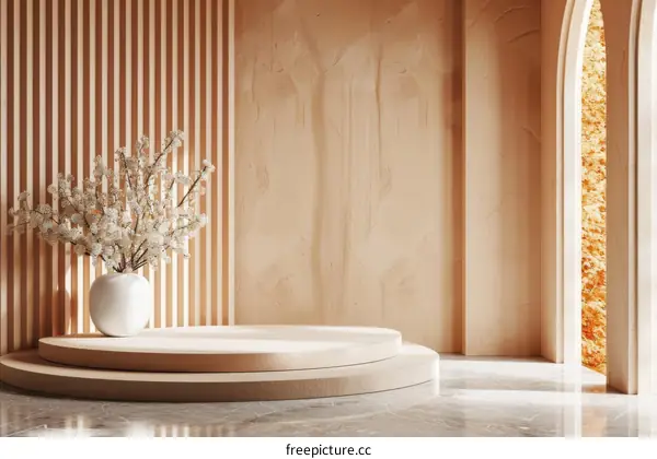 Beige Wooden Display Podium with Cherry Blossoms