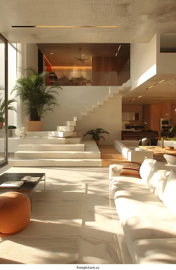 Stairway to heaven, a beautiful living room with a modern interior