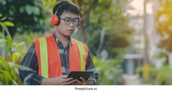 Asian male engineer wearing safety uniform using digital tablet to check information while working at electrical substation
