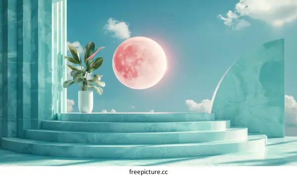 Pastel Teal Steps Against a Sky with a Pink Moon