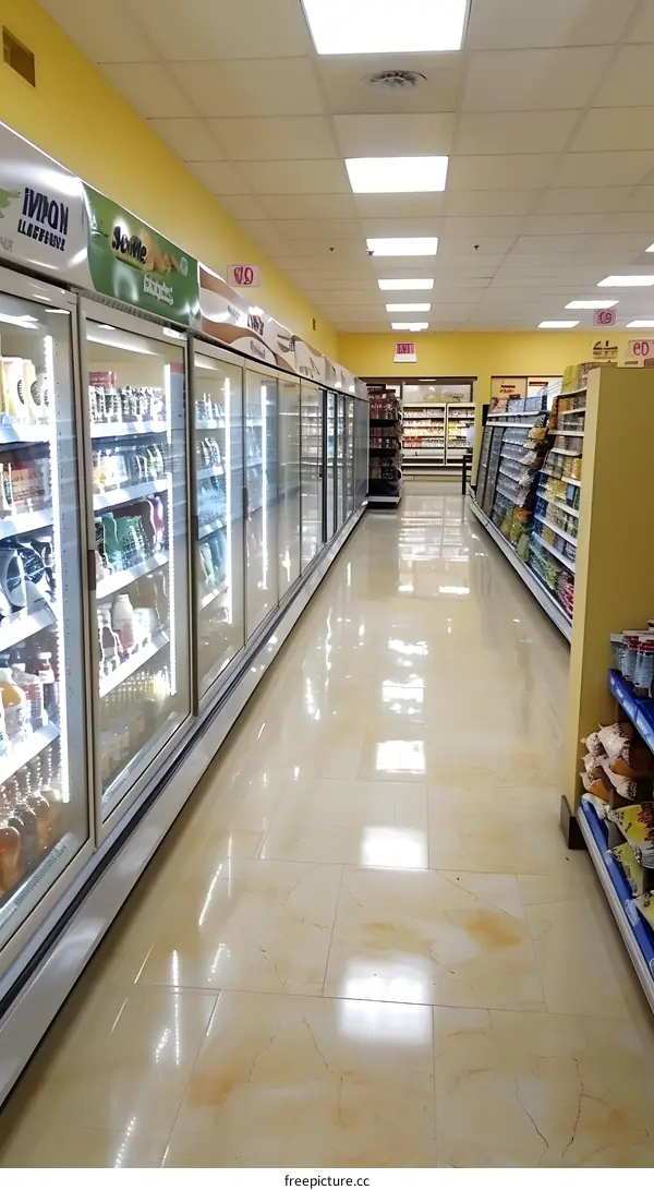 Grocery Store Aisle with Refrigerators and Shelves