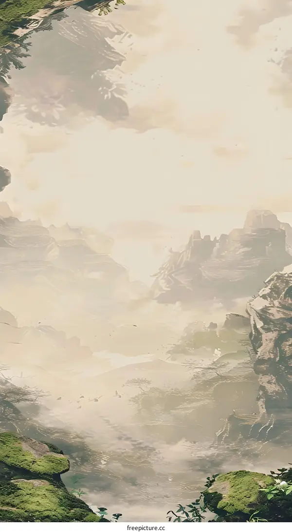 Fantasy Landscape with Foggy Mountains and Green Rocks