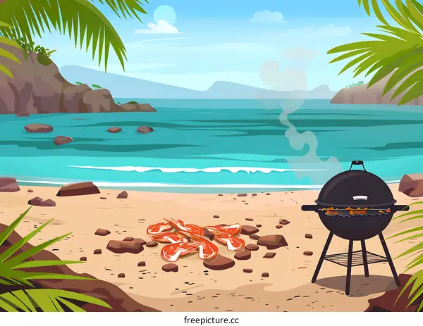 Summer Beach Barbecue Grill Landscape Illustration