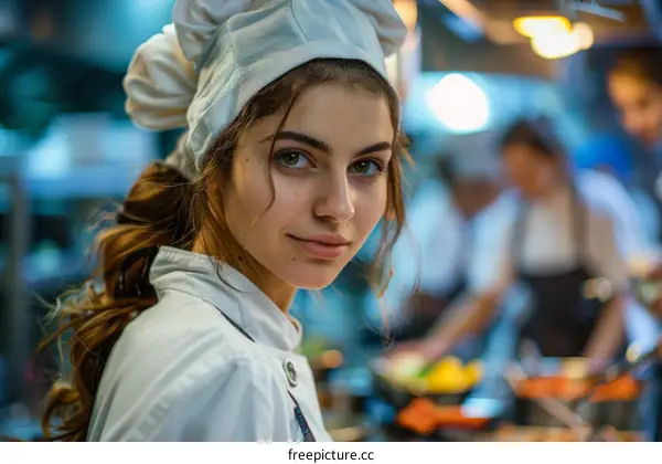 Portrait of a young female chef in a professional kitchen