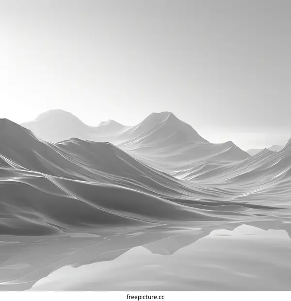 Black and white 3D rendering of a mountainous landscape