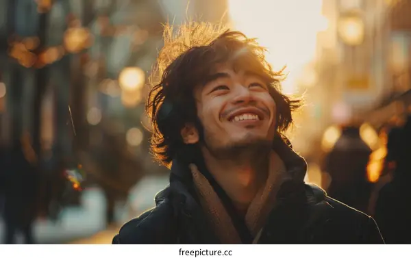 A young man smiles as he looks up at something off camera