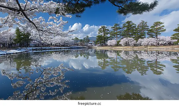 Beautiful Cherry Blossoms Reflecting on a Pond