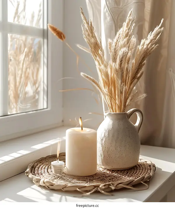 White Candles And Pampas Grass On A Window Sill