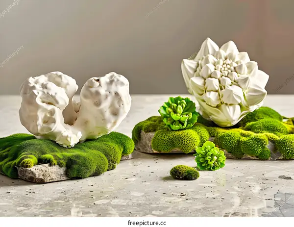 White Ceramic Sculpture on Green Moss