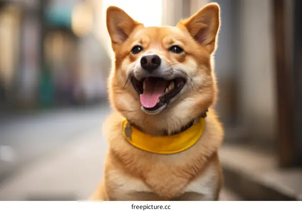 A yellow collar Shiba Inu looking at the camera while sitting on the street
