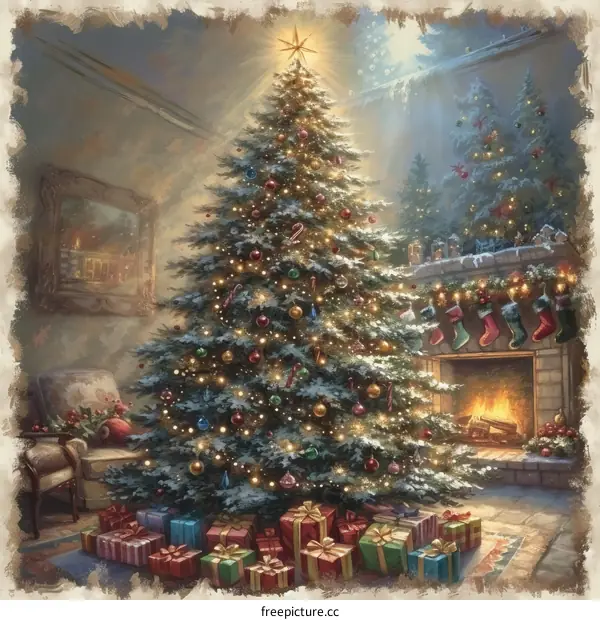 Christmas tree in a living room with a fireplace