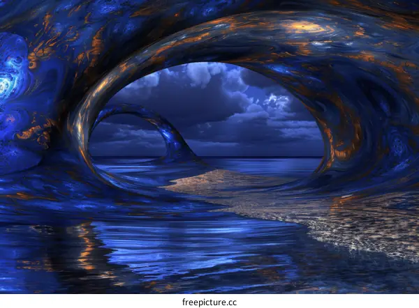 Blue and gold abstract painting with a stormy sky and rough sea