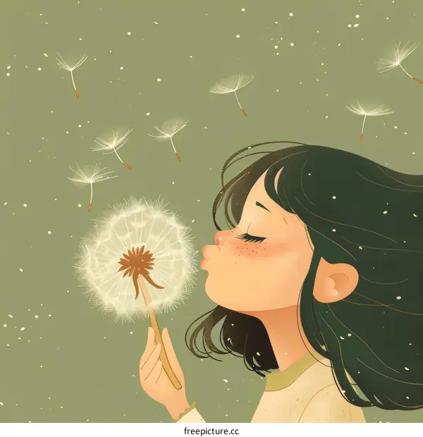Girl Blowing Dandelion Seeds into the Wind