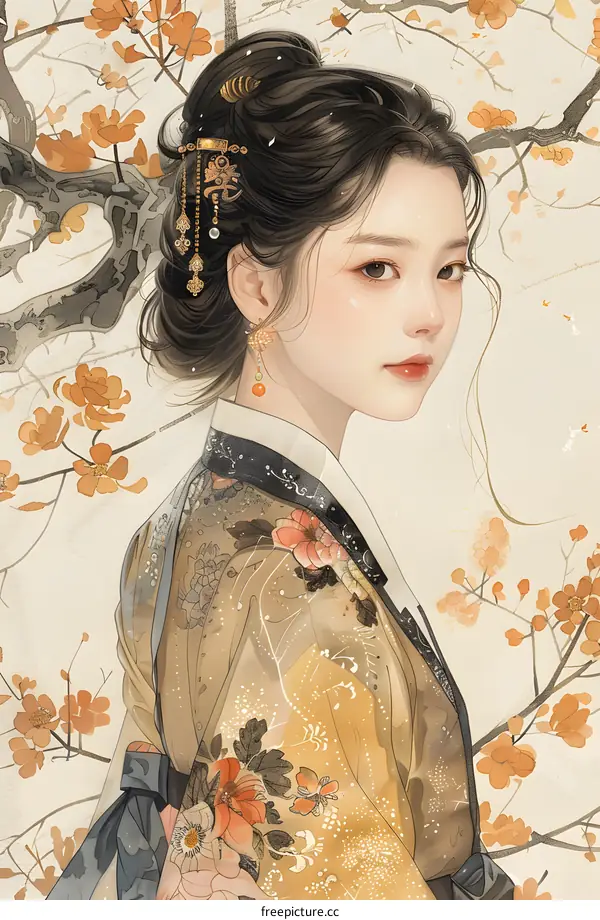 A beautiful illustration of a Korean woman in traditional dress