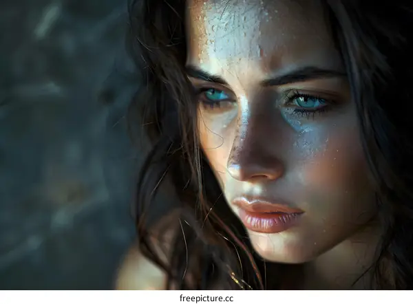 Portrait of a beautiful young woman with blue eyes and wet hair