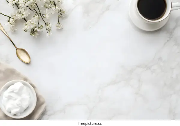 White Marble Surface with Coffee, Spoon and Flowers