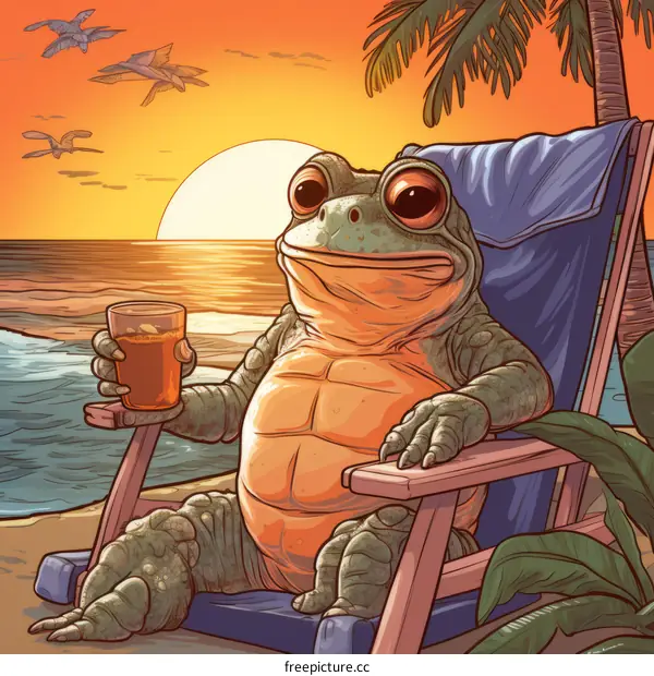 A frog sitting on a beach chair drinking a glass of iced tea