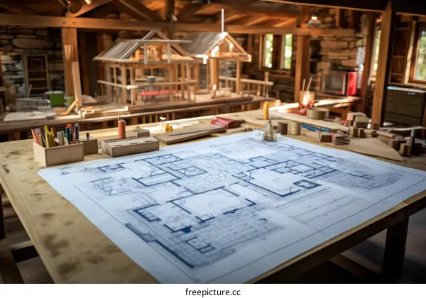 Architectural Blueprint Drawing on Wooden Table in Home Workshop