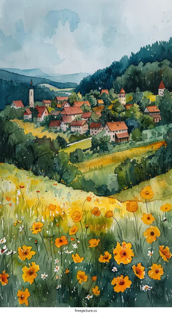 watercolor painting of a rural village in the countryside