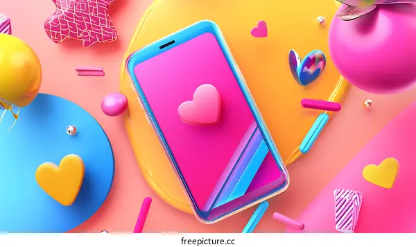 Colorful Phone with Hearts on Pink Background