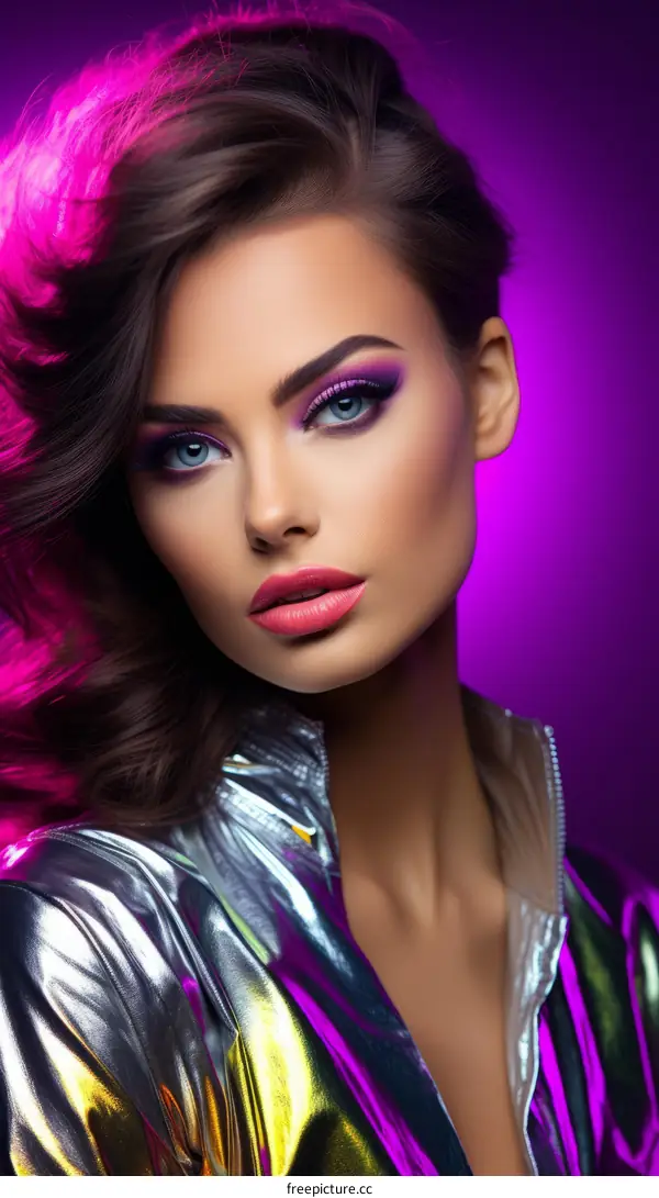 portrait of a young woman with purple hair and blue eyes