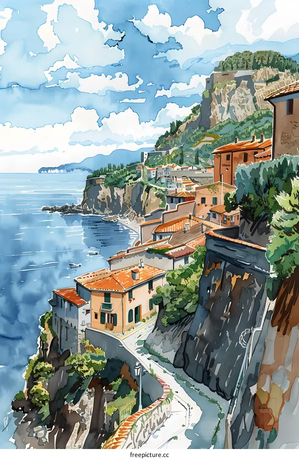 Watercolor Painting of a Cliffside Village