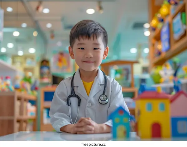 Asian kid in doctor costume playing pretend doctor