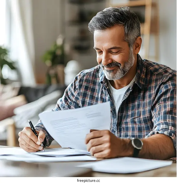 Smiling Man Reviewing Documents At Home
