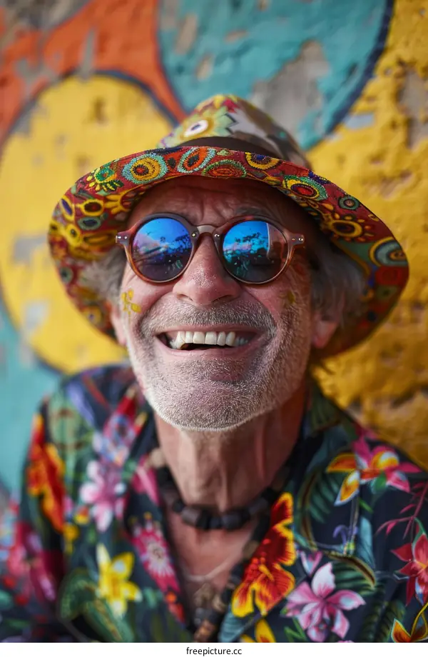 Smiling Senior Man in Colorful Hat and Shirt