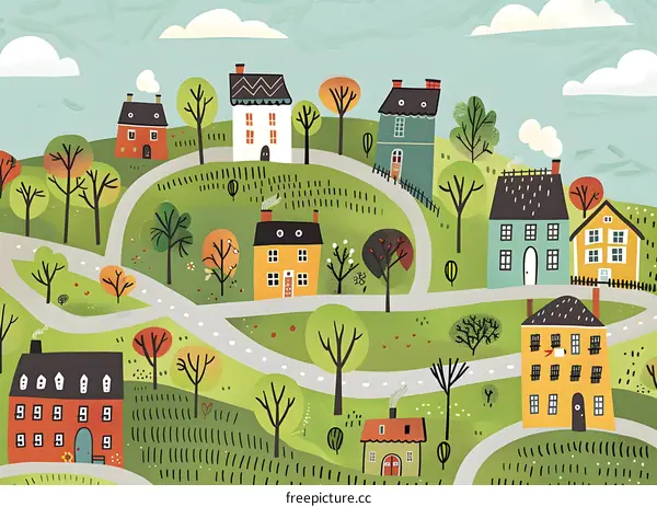 Colorful Illustration of a Village with Winding Road