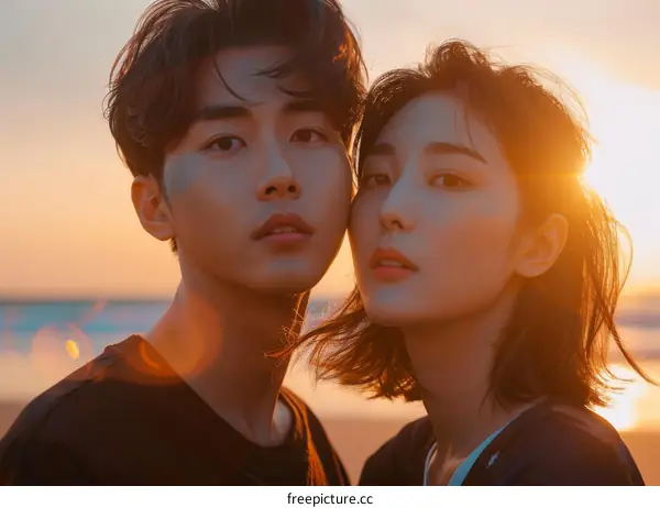 Romantic Sunset Embrace of an Asian Couple on the Beach
