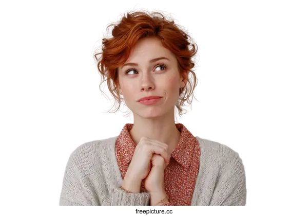 [Transparent Background PNG]Pensive young woman with curly red hair looking up and away
