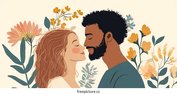 Romantic Couple Illustration with Floral Background