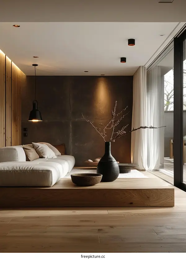 Modern Minimalist Living Room with Wooden Platform