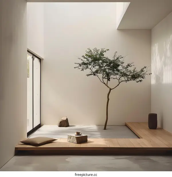 Minimalist Zen Garden Interior Design With Small Tree