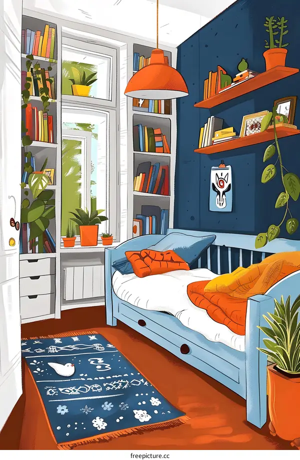 Cozy Home Illustration With Blue Sofa, Orange Pillows and Bookshelf