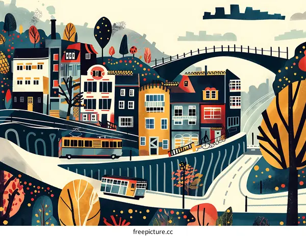 Cityscape Illustration with Buildings, Tram, and Bridge