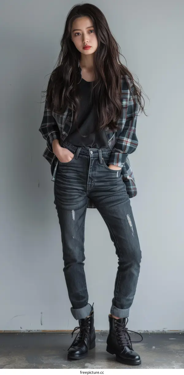 Stylish Woman in Flannel and Jeans with Combat Boots