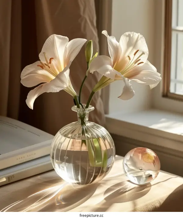 Elegant White Lilies in Glass Vase by Window