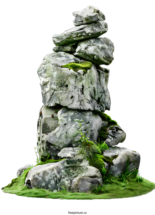 [Transparent Background PNG]Stack of Moss Covered Rocks Isolated on White Background