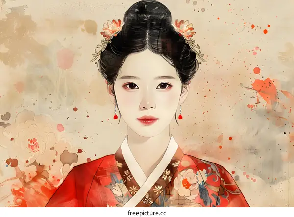 Beautiful Asian Woman Wearing Traditional Hanbok Dress with Red Flower Hair Accessory